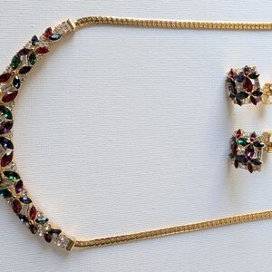 Vintage Oscar De La Renta Gold plated Multicolor Gemstone Necklace/Earring Set